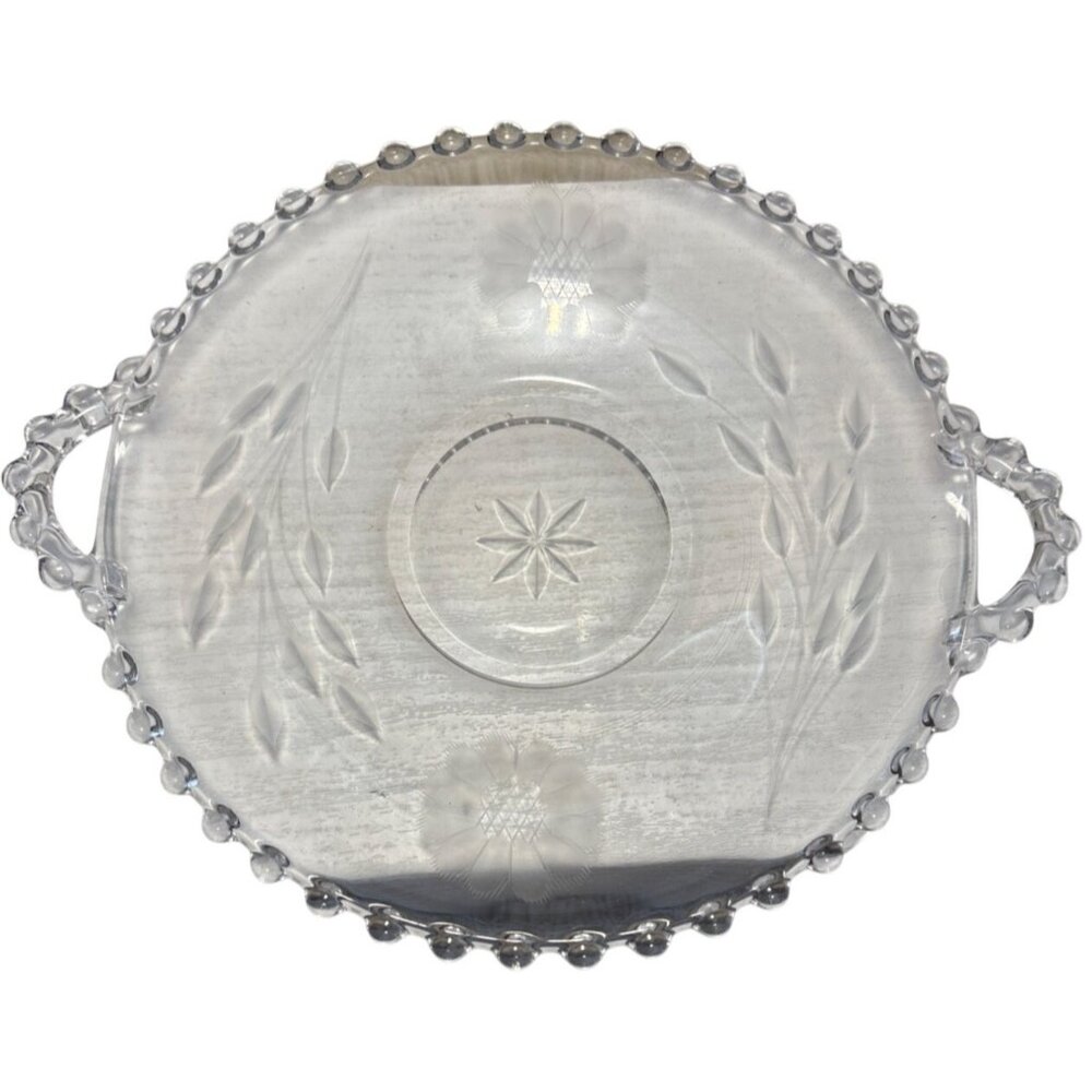 Hughes Cornflower Handled Plate Candlewick Border Etched Glass Serving Tray Vtg